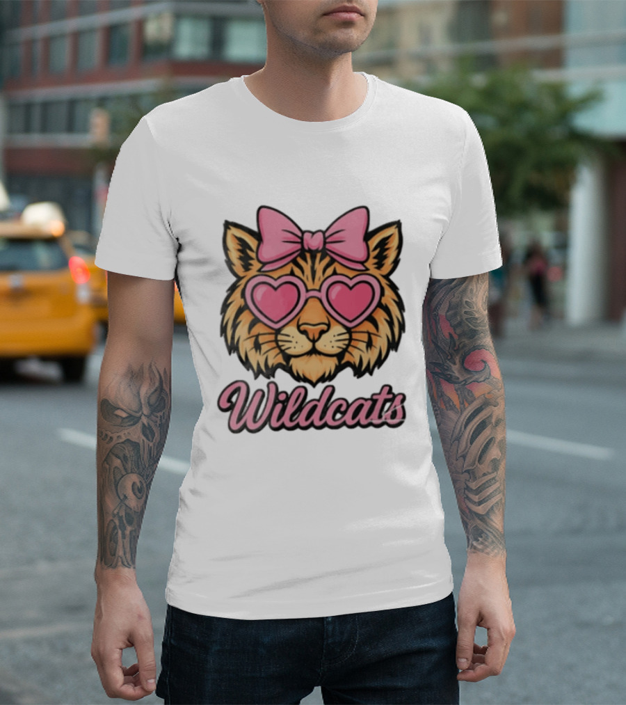 Wildcats Tiger Face Pink Bow Heart Glasses T-Shirt