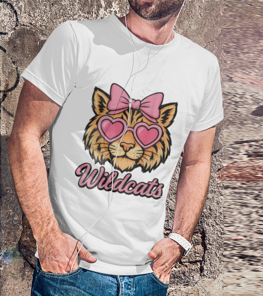 Wildcats Tiger Face Pink Bow Heart Glasses T-Shirt