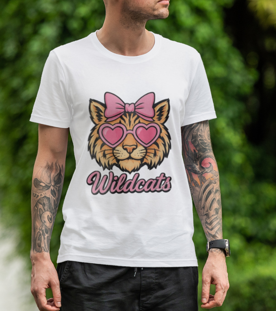 Wildcats Tiger Face Pink Bow Heart Glasses T-Shirt