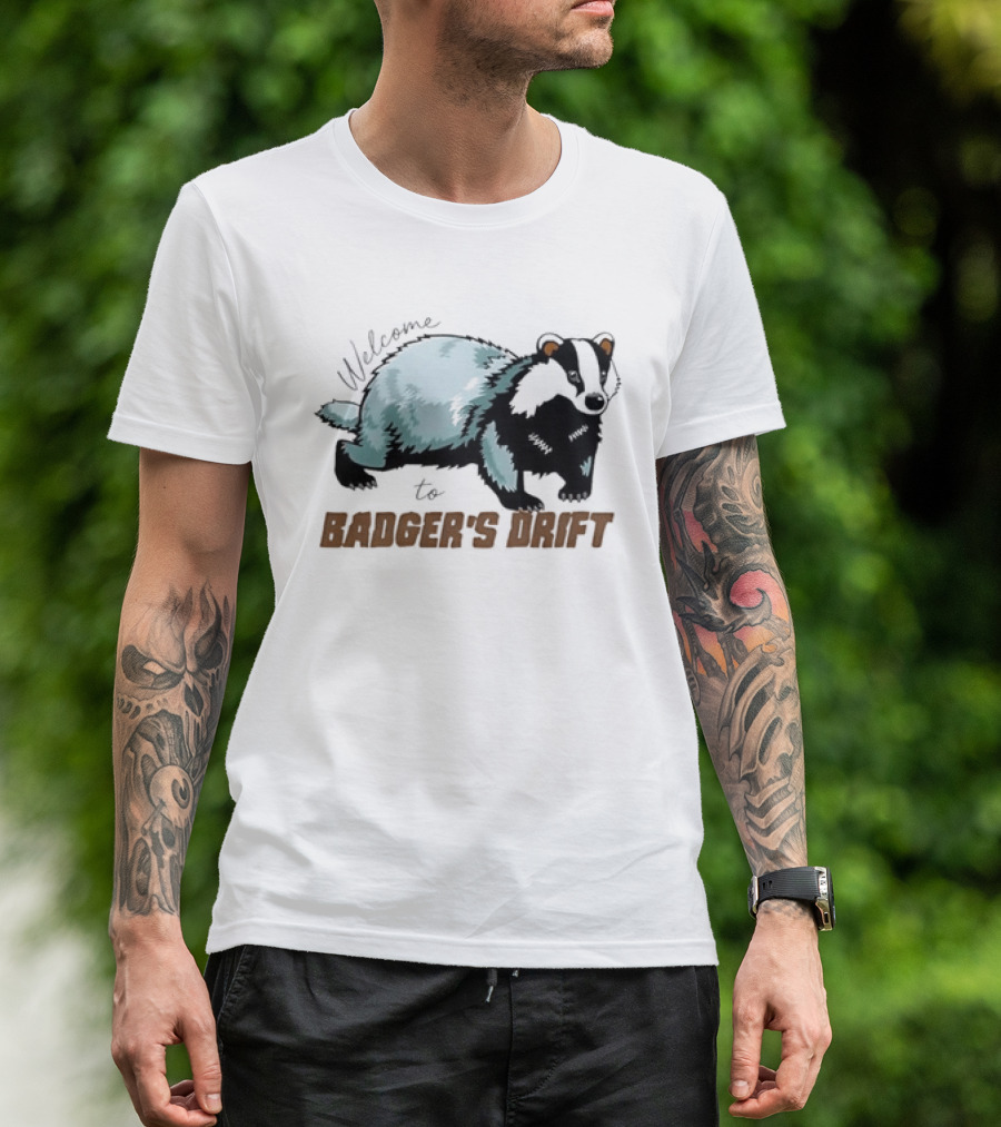 Welcome To Badger's Drift Cartoon Badger Walking Black And White Fur T-Shirt