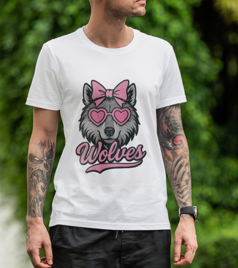 Wolves Wolf Pink Heart Glasses Bow T-Shirt