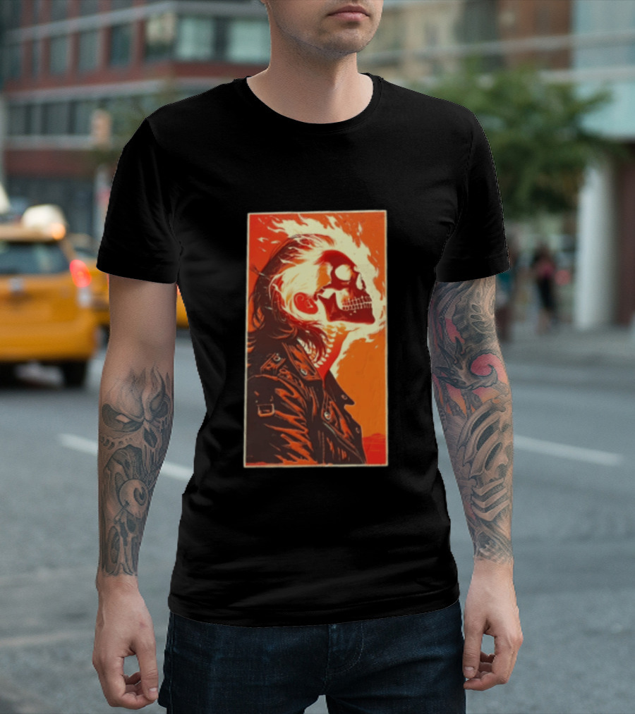 Burnout Flaming Skull Leather Jacket Man Fiery T-Shirt