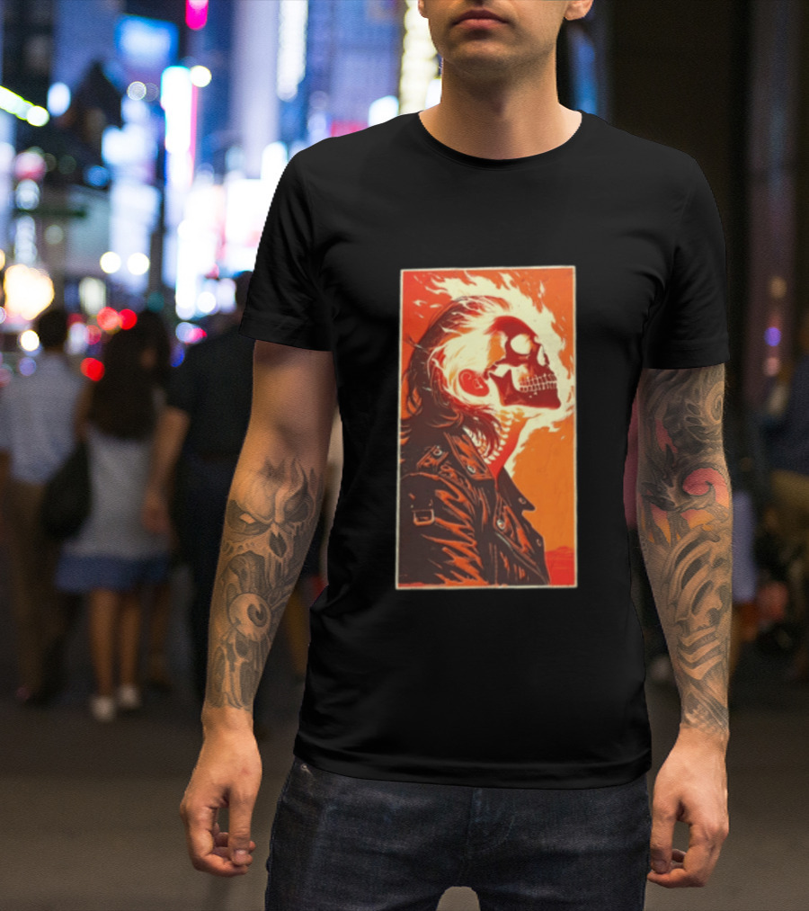 Burnout Flaming Skull Leather Jacket Man Fiery T-Shirt