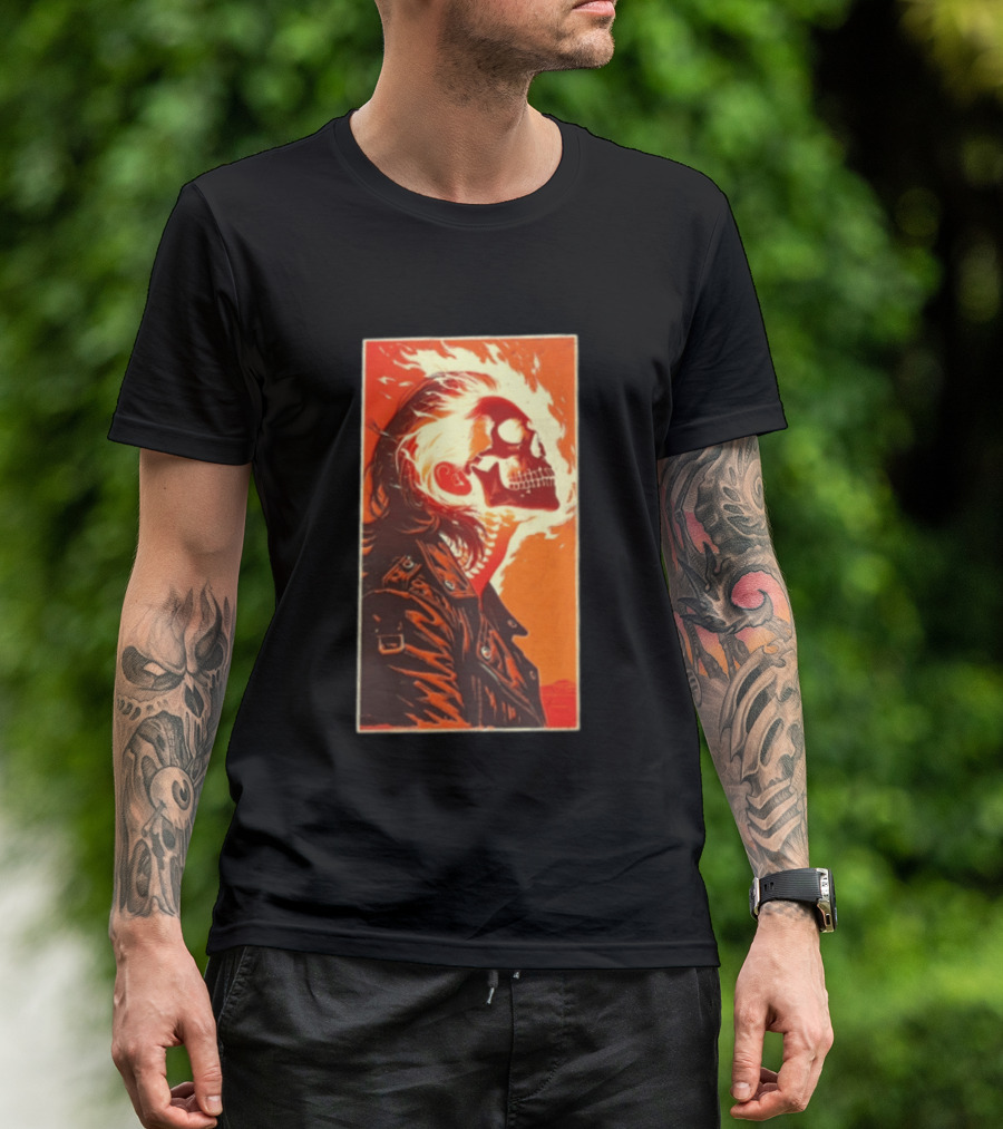 Burnout Flaming Skull Leather Jacket Man Fiery T-Shirt