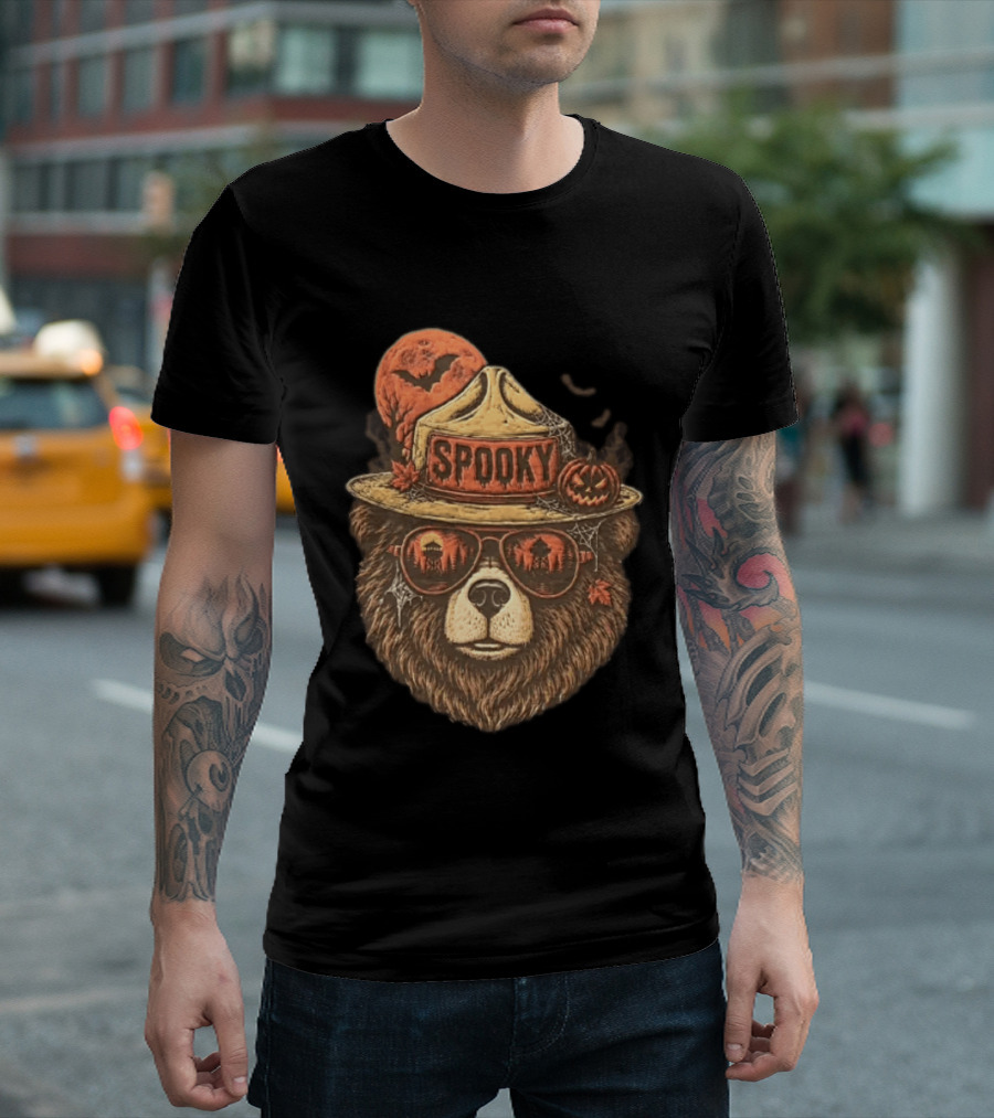 Smokey Bear Spooky Halloween Fire Lookout Forest Ranger Pumpkin Bats T-Shirt