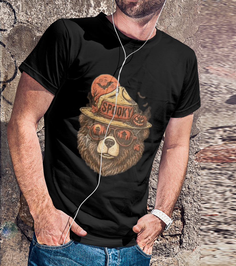Smokey Bear Spooky Halloween Fire Lookout Forest Ranger Pumpkin Bats T-Shirt