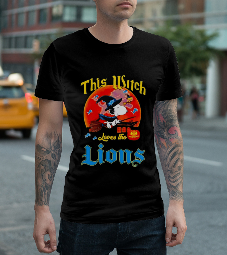 Snoopy This Witch Loves The Lions Halloween Pumpkin Broom Peanuts T-Shirt