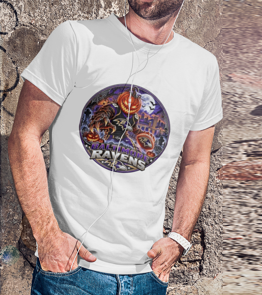 Baltimore Ravens Jack O' Lantern Halloween Football Spooky Night Ravens Stadium Skyline T-Shirt