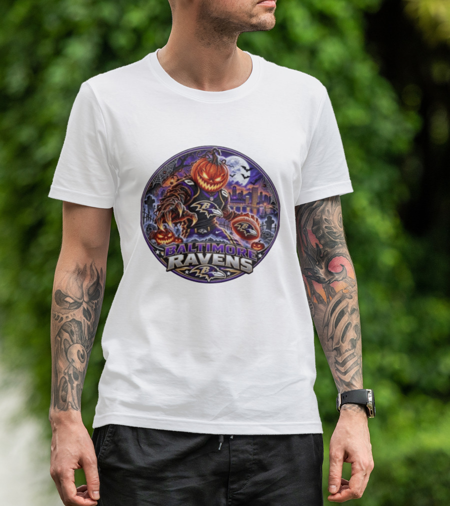 Baltimore Ravens Jack O' Lantern Halloween Football Spooky Night Ravens Stadium Skyline T-Shirt