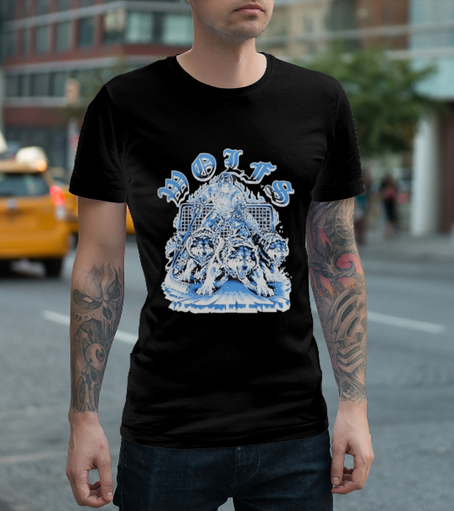 Motifs Wolf Hockey Skeleton Goalie With Three Wolves T-Shirt