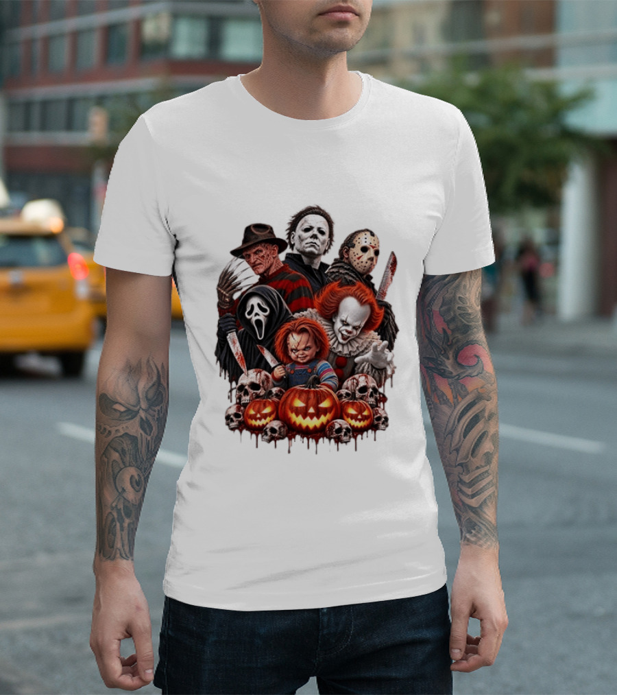 Freddy Krueger Michael Myers Jason Voorhees Ghostface Pennywise Chucky Horror Characters With Skull And Pumpkin Display T-Shirt