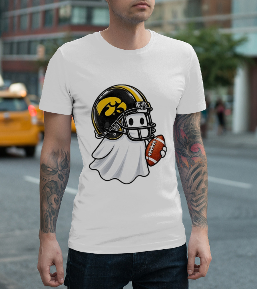 Iowa Hawkeyes Football Ghost Halloween Holding Football T-Shirt