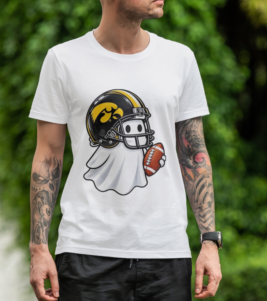 Iowa Hawkeyes Football Ghost Halloween Holding Football T-Shirt