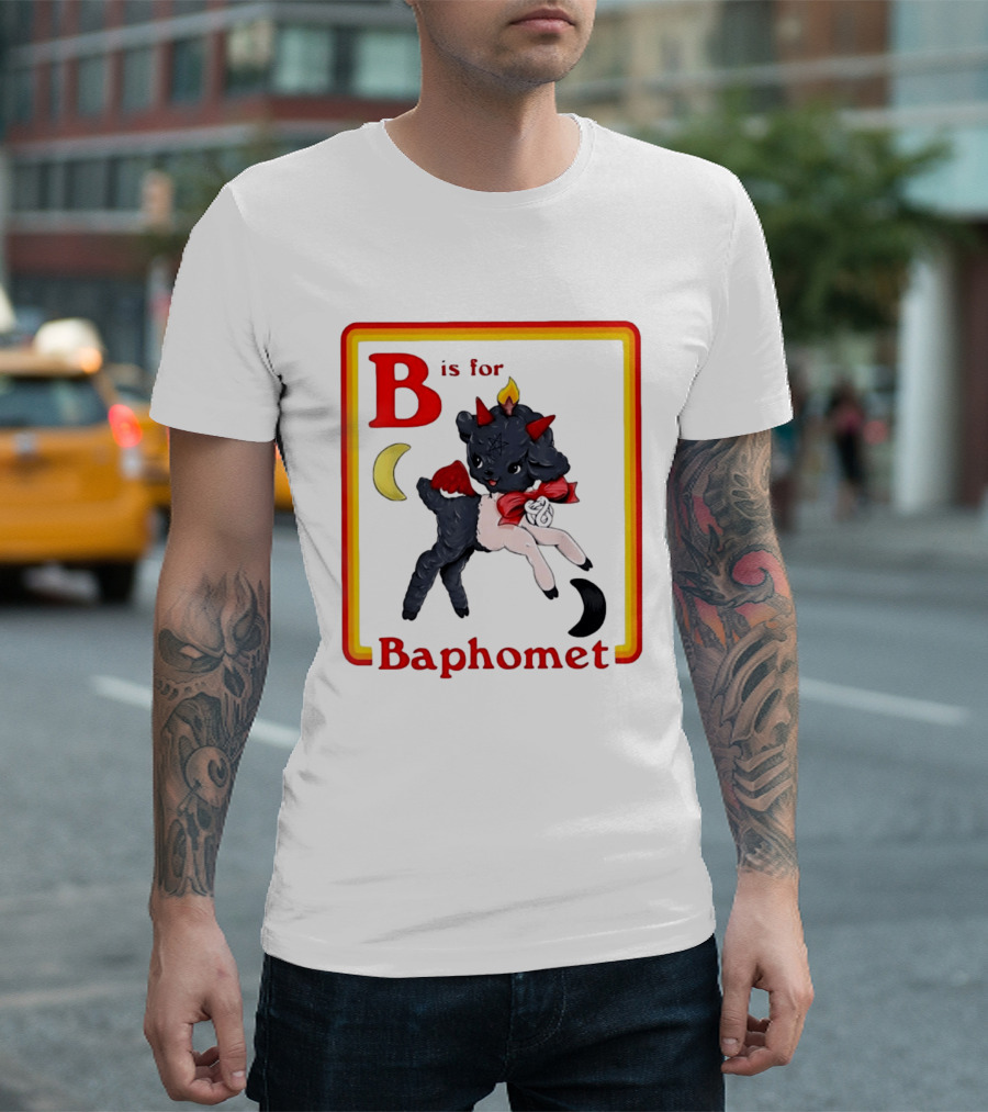 B Is For Baphomet Cartoon Baby Goat Pentacle Moon Horns Flame T-Shirt