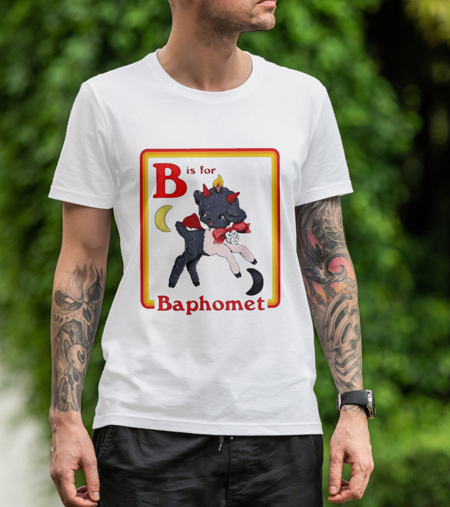 B Is For Baphomet Cartoon Baby Goat Pentacle Moon Horns Flame T-Shirt