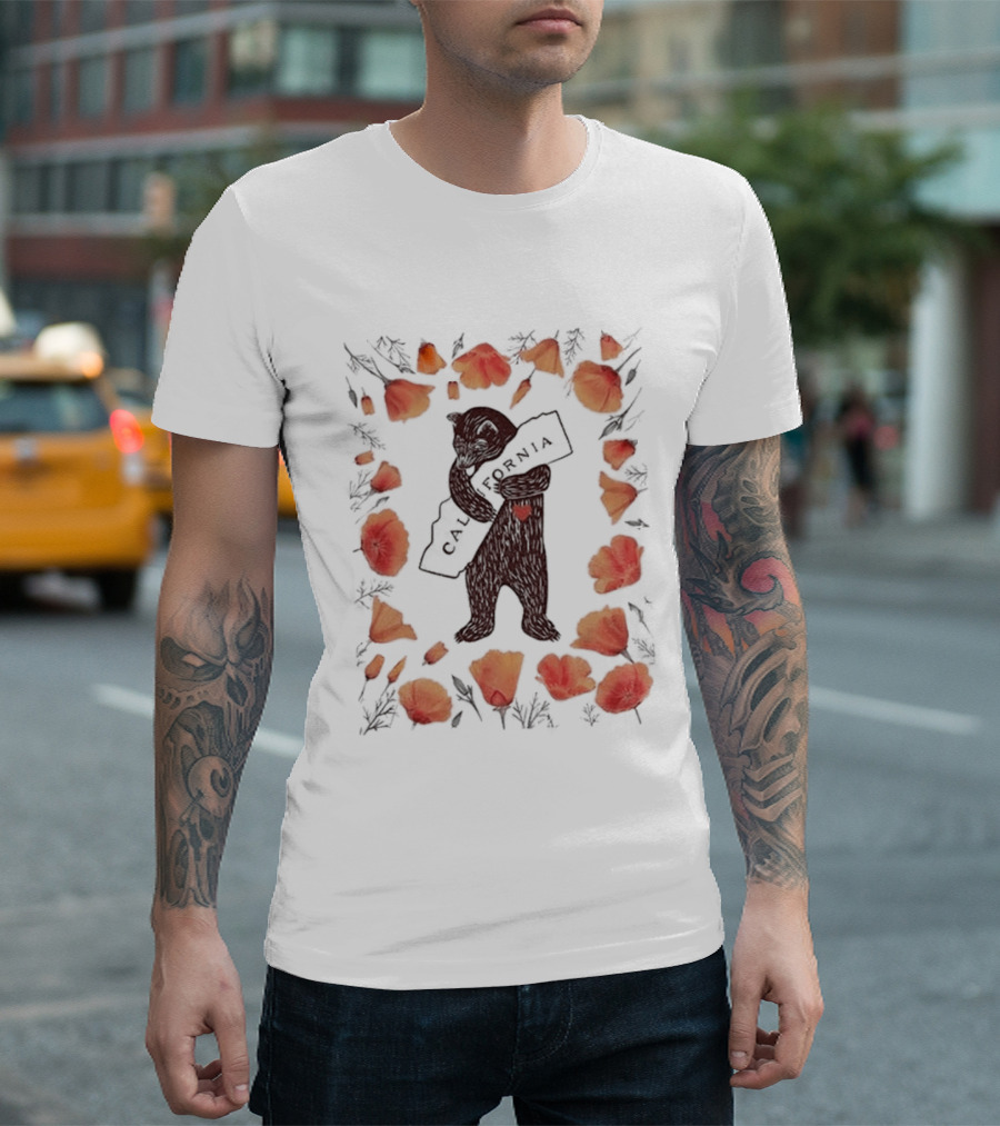 California Bear Hug With State Map And Poppies T-Shirt