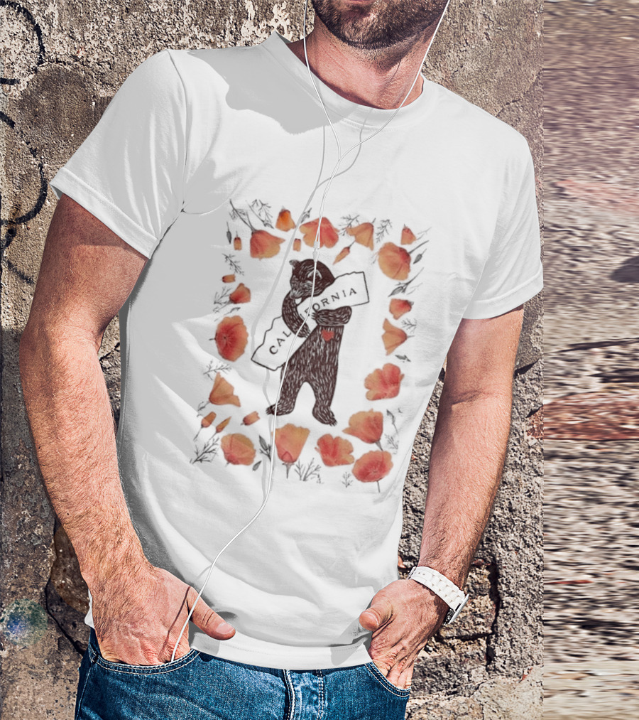 California Bear Hug With State Map And Poppies T-Shirt