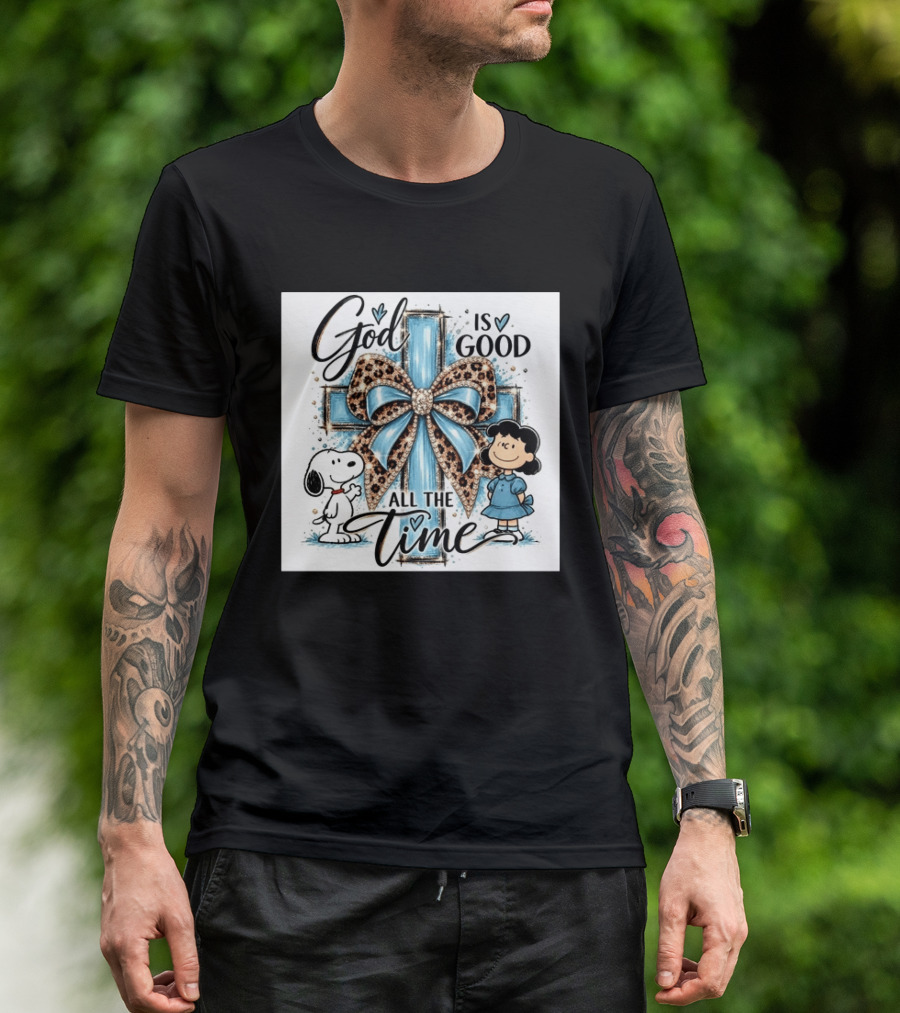 Snoopy And Lucy God Is Good All The Time Blue Cross And Leopard Bow T-Shirt