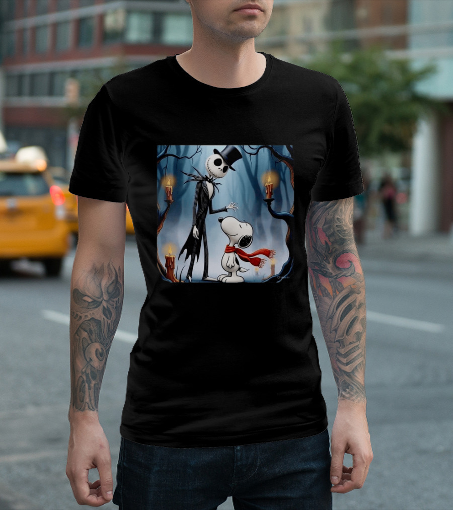 The Nightmare Before Christmas Jack Skellington And Snoopy Candles In Haunted Forest T-Shirt