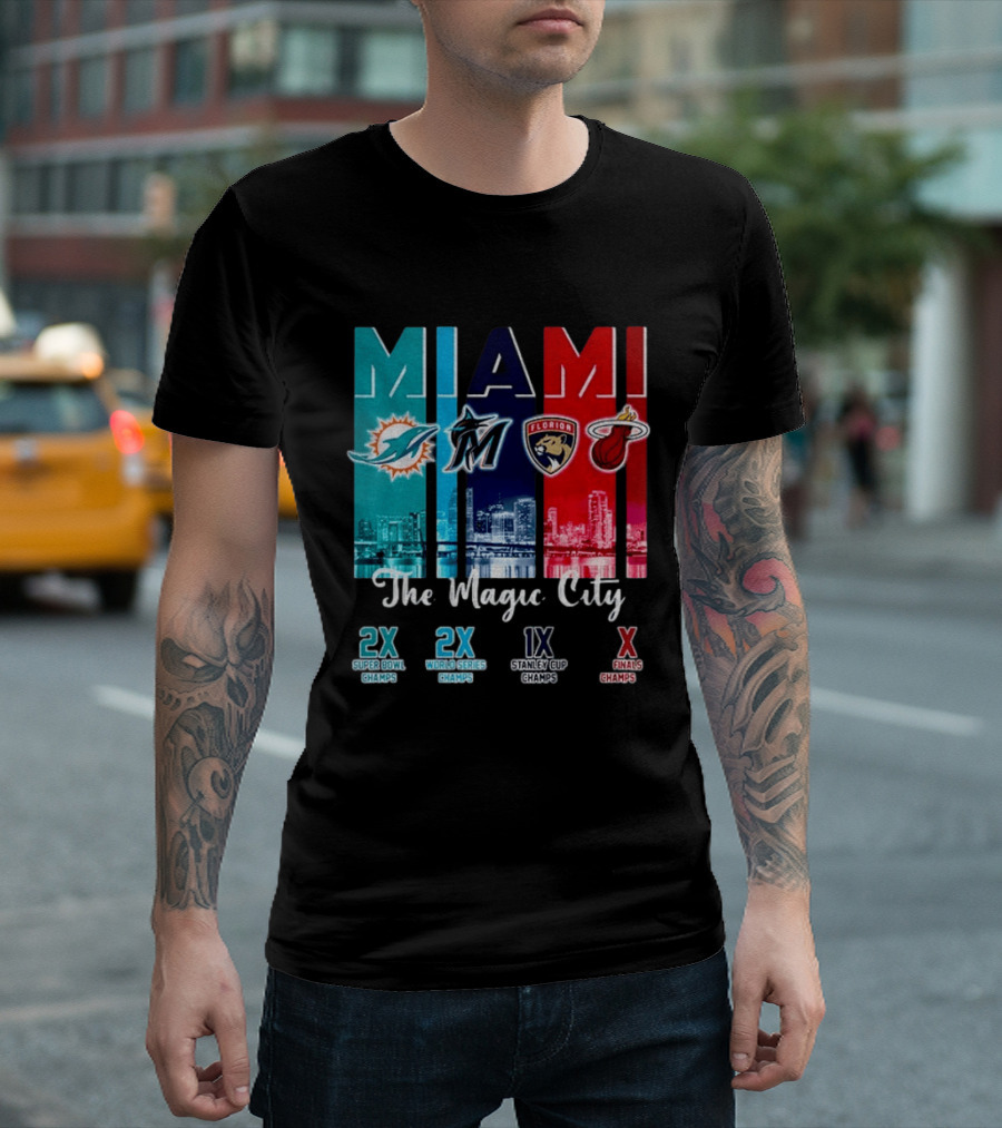 MIAMI The Magic City Dolphins Marlins Panthers Heat Champs T-Shirt