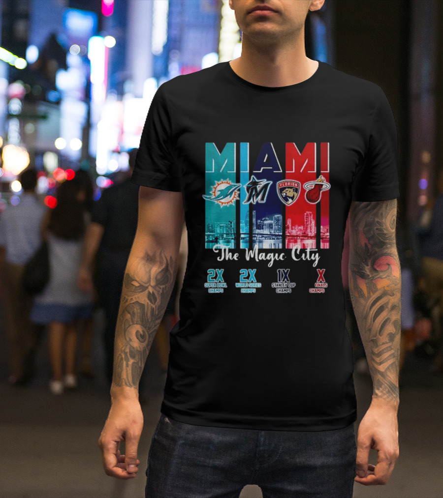 MIAMI The Magic City Dolphins Marlins Panthers Heat Champs T-Shirt