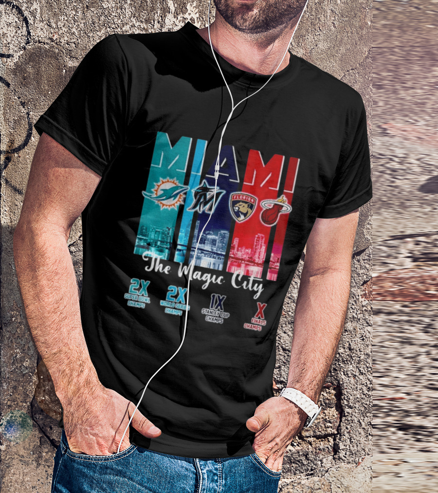 MIAMI The Magic City Dolphins Marlins Panthers Heat Champs T-Shirt