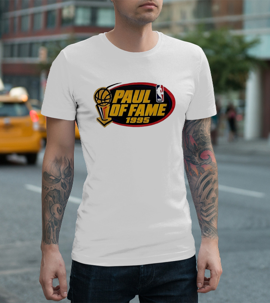 NBA Paul Of Fame 1995 Golden Basketball Trophy Red Oval Frame T-Shirt
