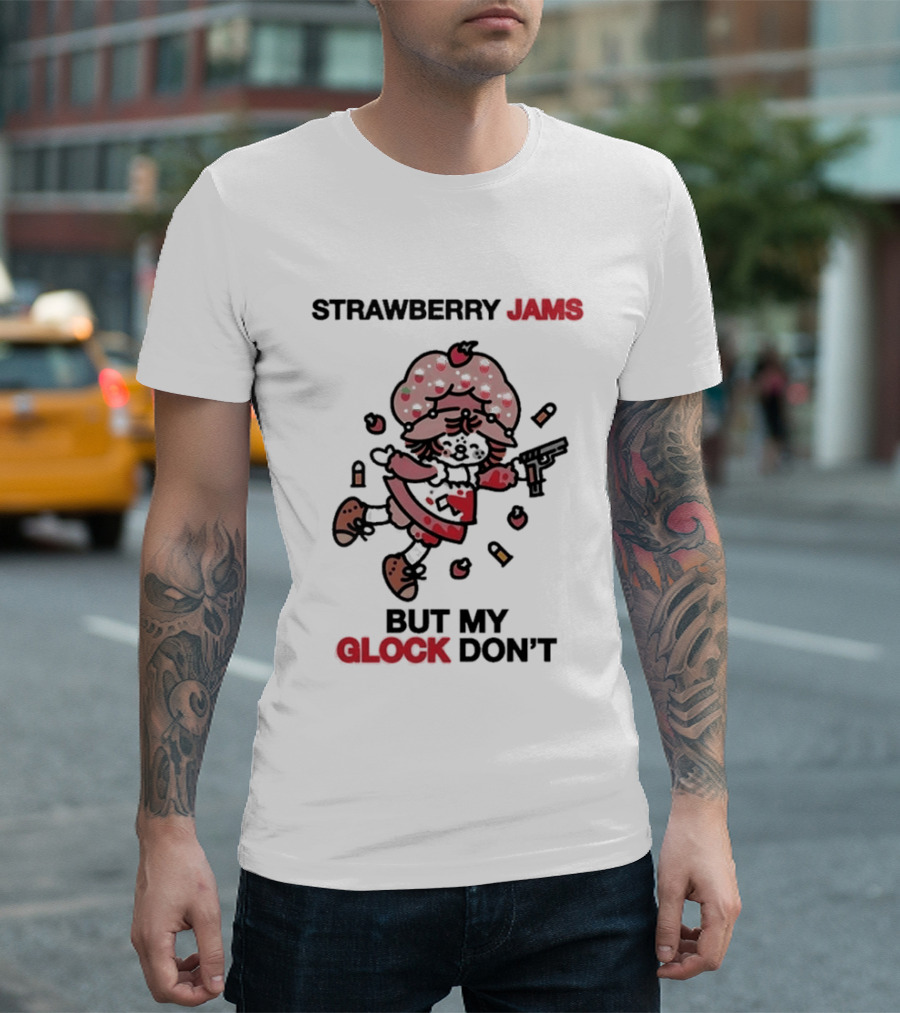 Strawberry Jams But My Glock Don't Funny Strawberry Character With Gun T-Shirt
