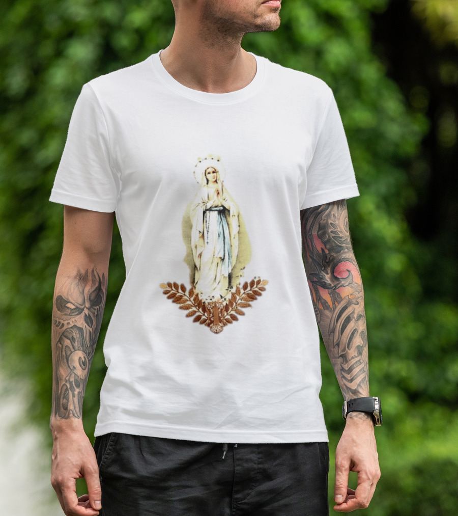 Virgin Mary Rosary Prayer Gold Leaves T-Shirt
