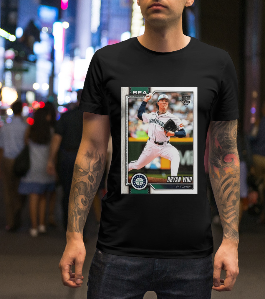 2026 Topps 75th Anniversary Seattle Mariners Bryan Woo Pitcher SEA T-Shirt