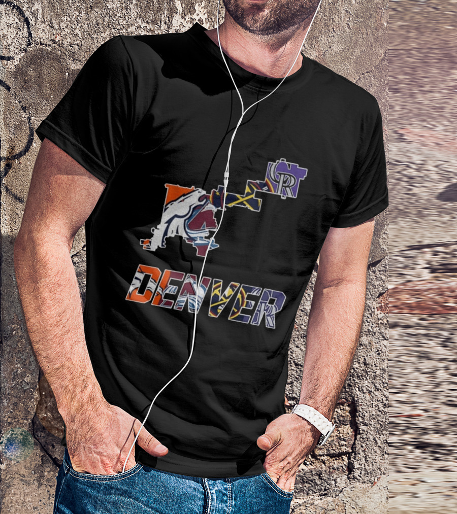 Denver Broncos Nuggets Avalanche Rockies Team Map T-Shirt