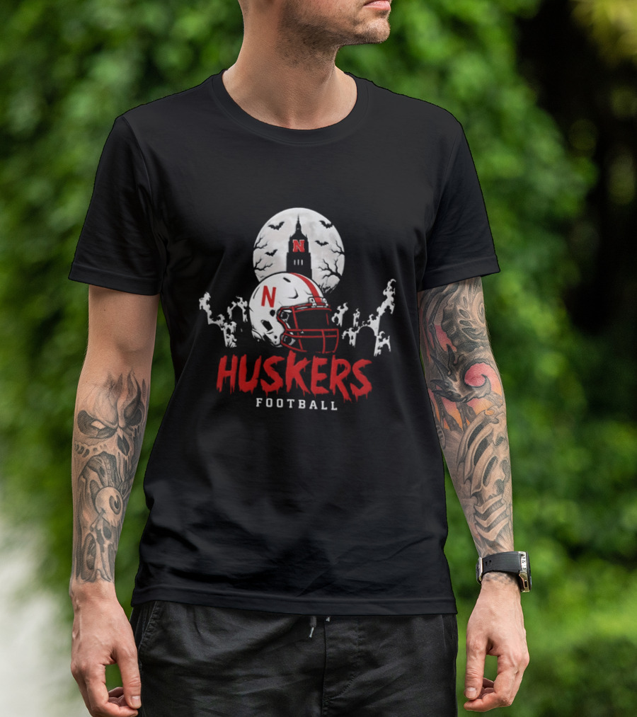 Nebraska Huskers Football Halloween Spooky Helmet Bats Moon 2026 T-Shirt