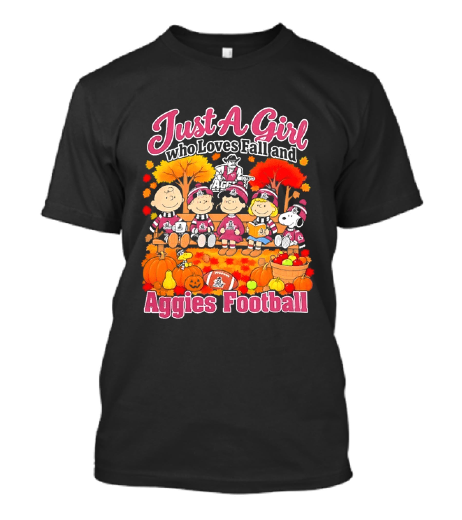 Just A Girl Who Loves Fall And Aggies Football With Charlie Brown And Snoopy T-Shirt