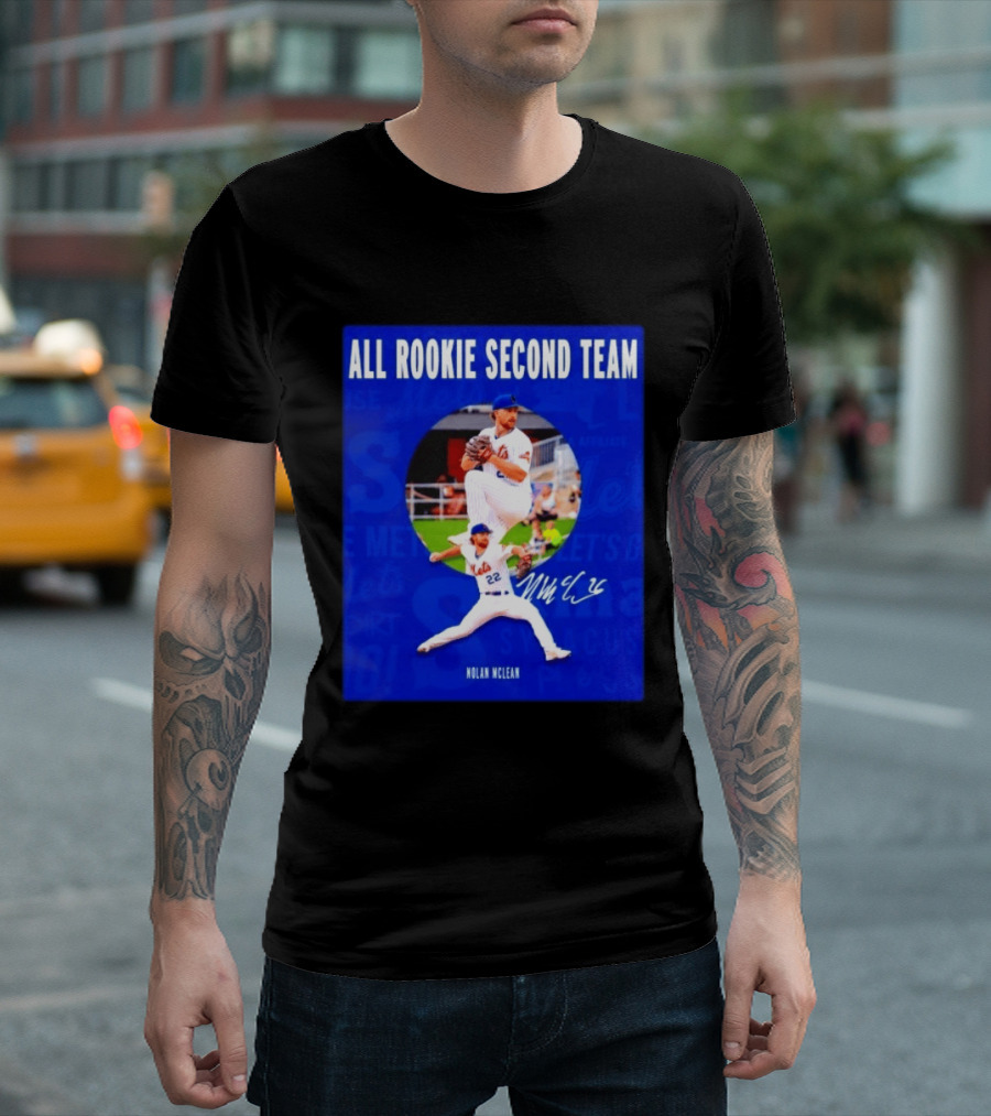 Nolan McLean No 22 Mets All Rookie Second Team Signature Pitching Action T-Shirt