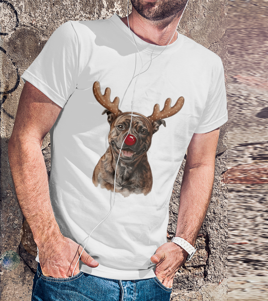 Brindle Pit Bull With Reindeer Antlers And Red Nose T-Shirt