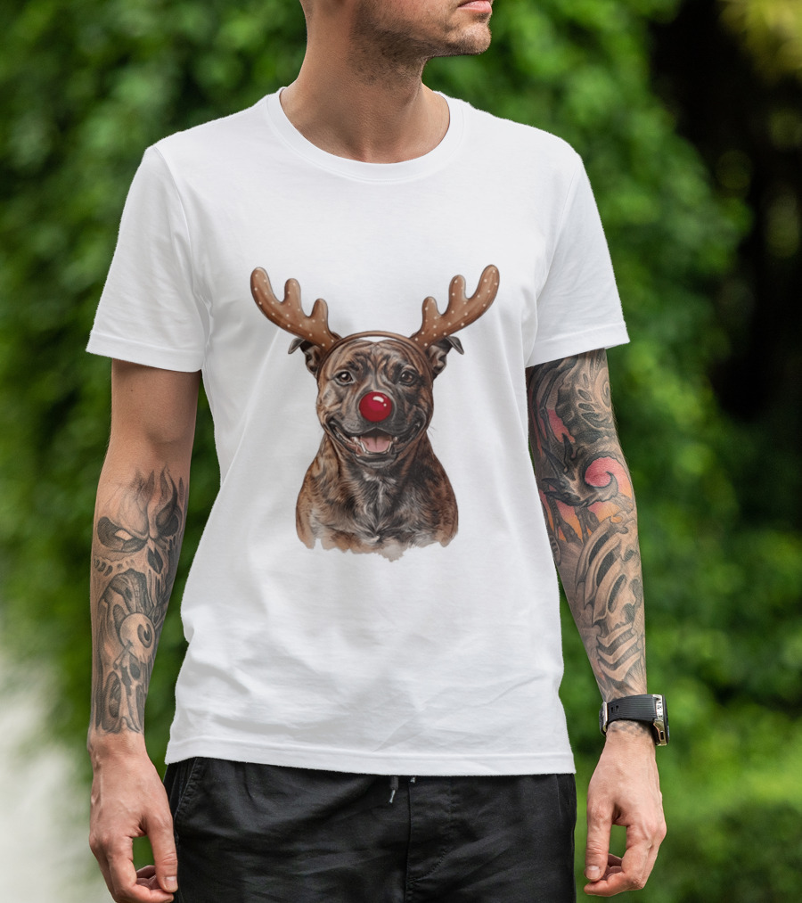 Brindle Pit Bull With Reindeer Antlers And Red Nose T-Shirt