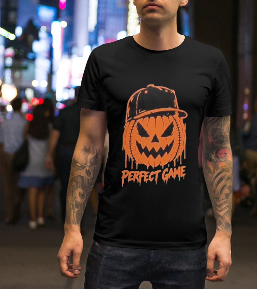 Perfect Game Halloween Pumpkin Baseball Hat Creepy Face T-Shirt