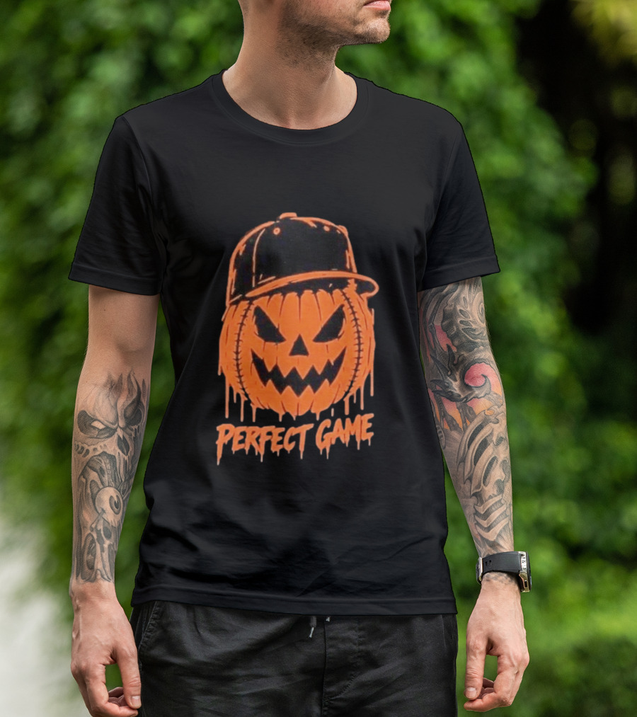 Perfect Game Halloween Pumpkin Baseball Hat Creepy Face T-Shirt