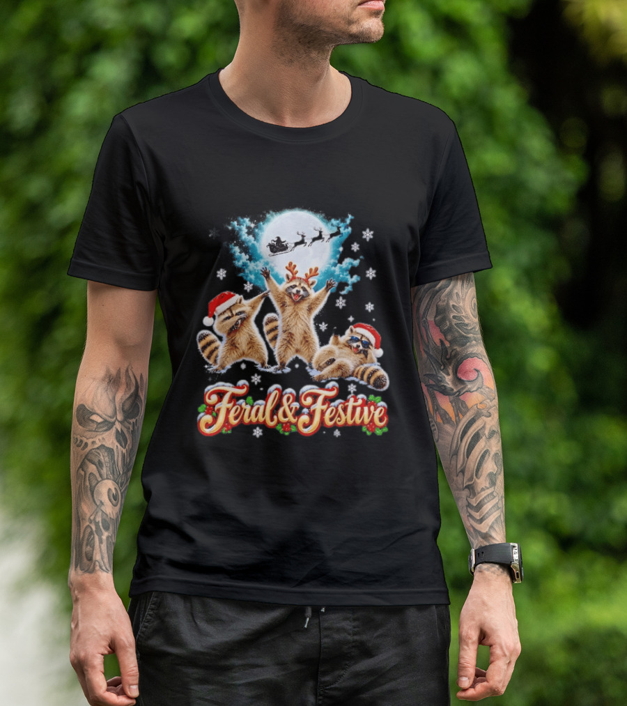 Feral And Festive Raccoons Christmas Holiday Santa And Reindeer T-Shirt