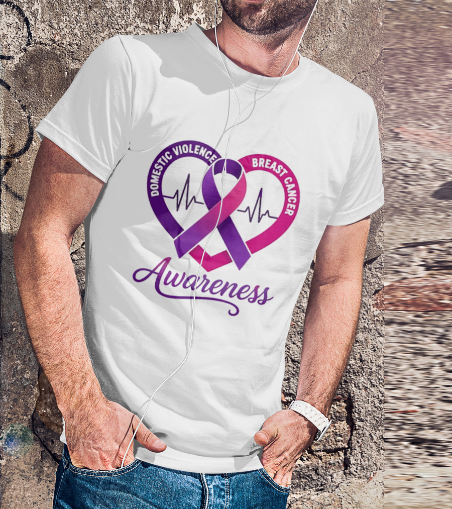 Domestic Violence And Breast Cancer Awareness Heart Ribbon Purple Pink T-Shirt