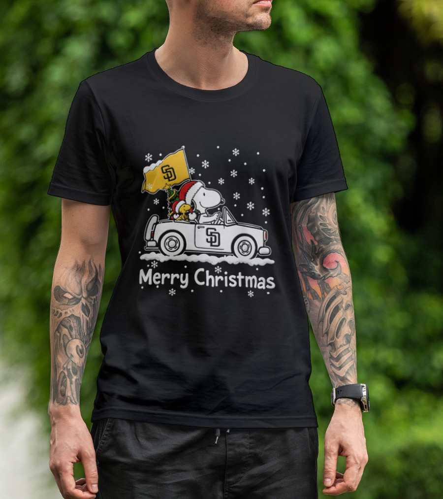 Snoopy And Woodstock Driving San Diego Padres Car Merry Christmas 2026 T-Shirt