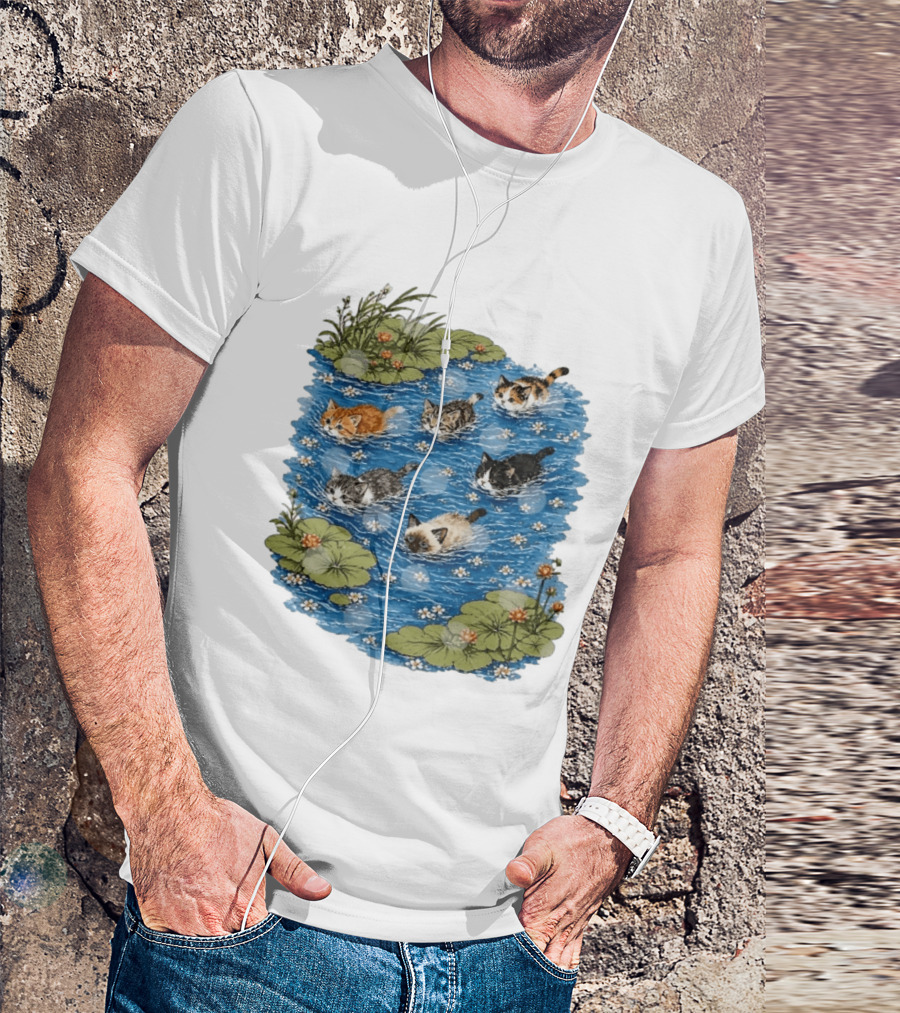 Kittens Swimming Among Water Lilies In Pond Scene T-Shirt