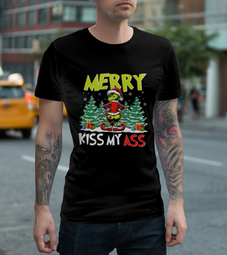 Merry Kiss My Ass Grinch Santa Outfit Mooning Christmas Trees And Gifts T-Shirt
