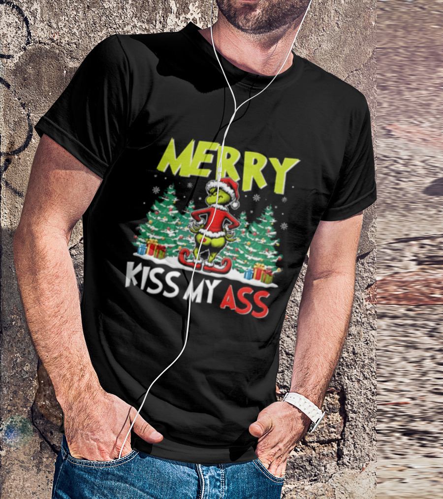 Merry Kiss My Ass Grinch Santa Outfit Mooning Christmas Trees And Gifts T-Shirt