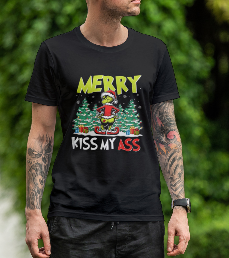 Merry Kiss My Ass Grinch Santa Outfit Mooning Christmas Trees And Gifts T-Shirt