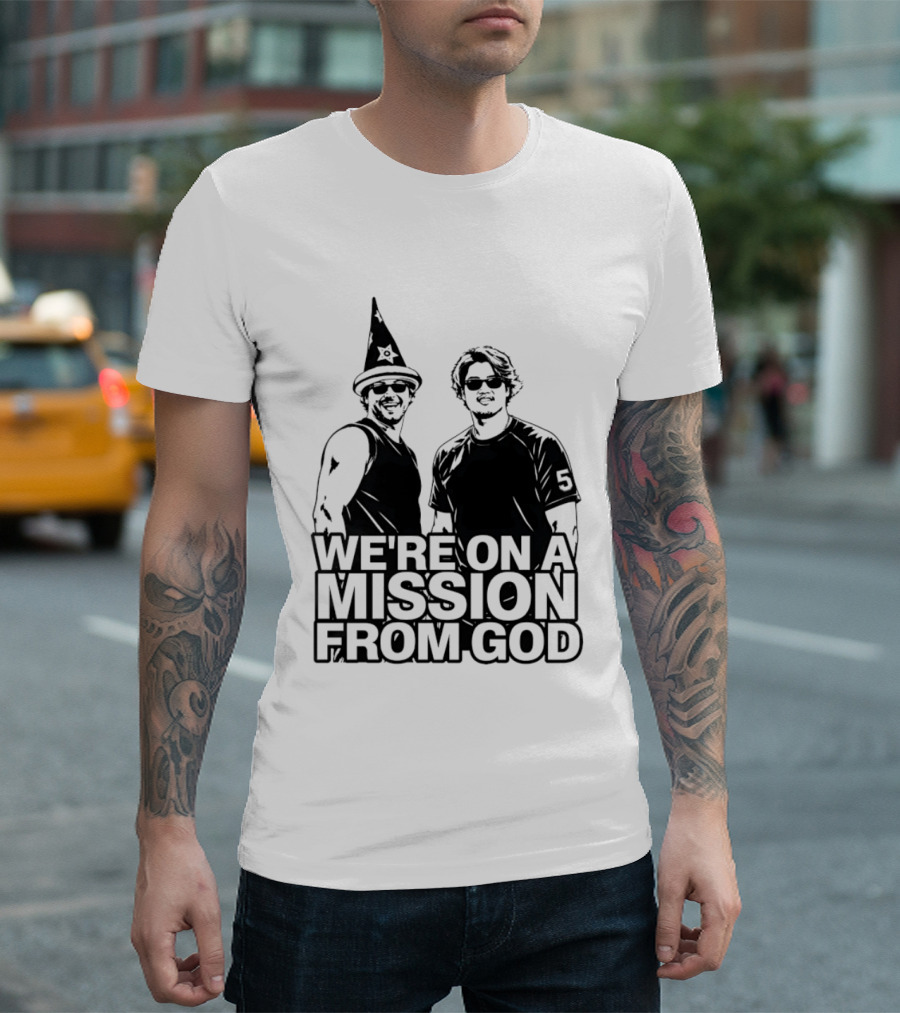 We're On A Mission From God Blues Brothers Wizard Hat Sunglasses T-Shirt