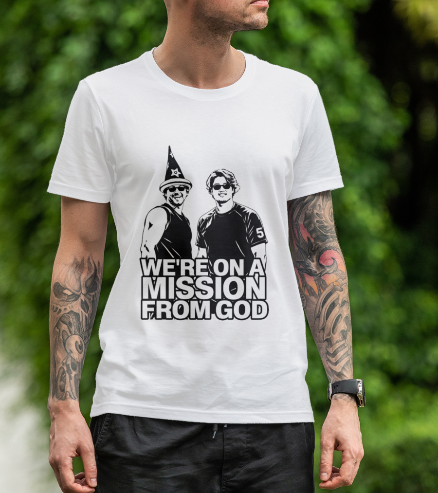 We're On A Mission From God Blues Brothers Wizard Hat Sunglasses T-Shirt