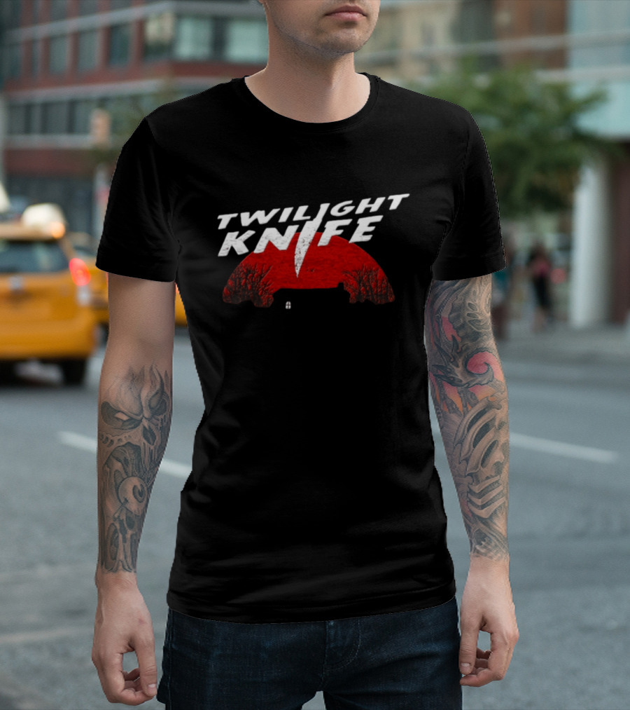 Twilight Knife Red Moon With Trees And House T-Shirt