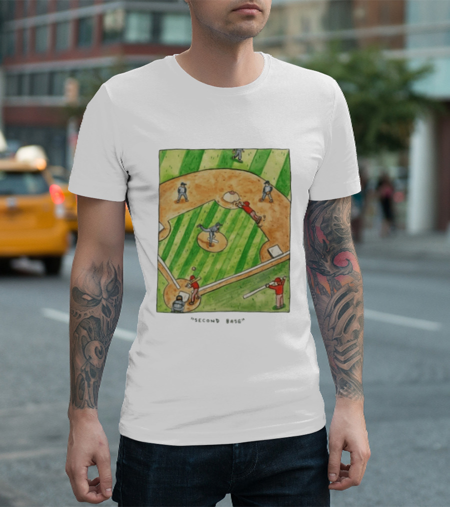 Second Base Baseball Cartoon Humor Action Play Scene T-Shirt