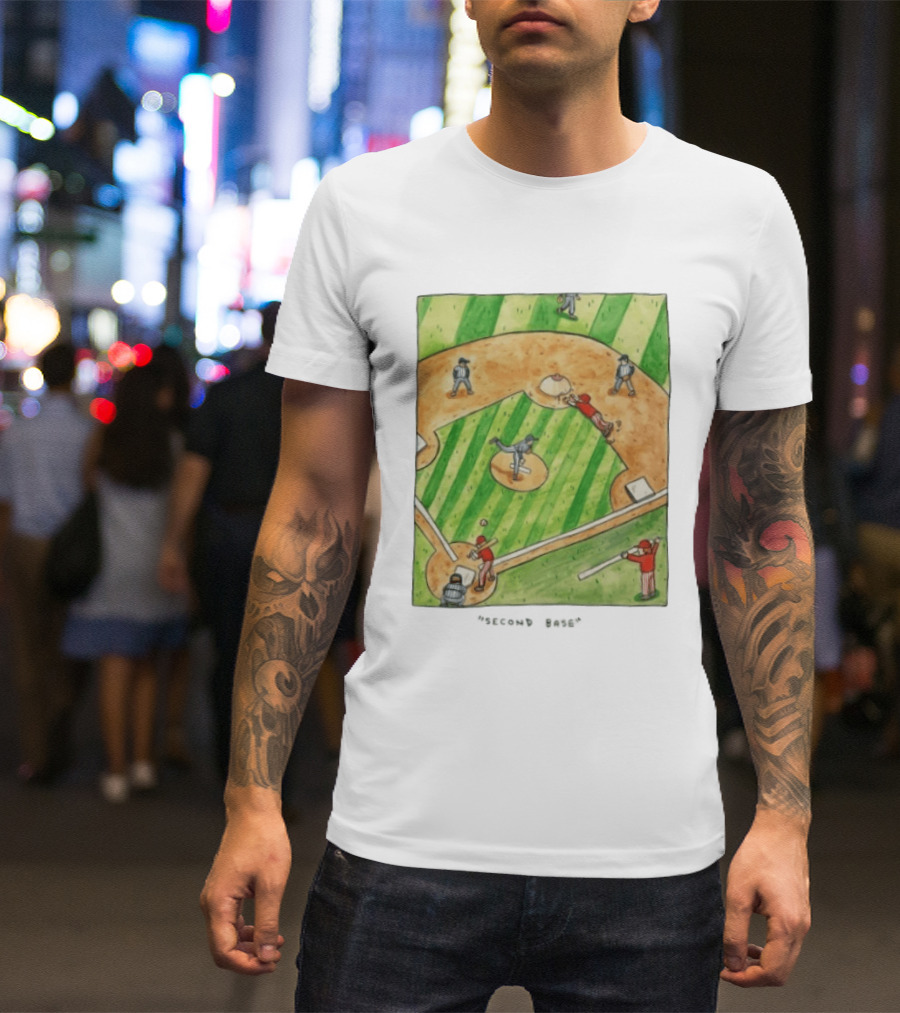 Second Base Baseball Cartoon Humor Action Play Scene T-Shirt